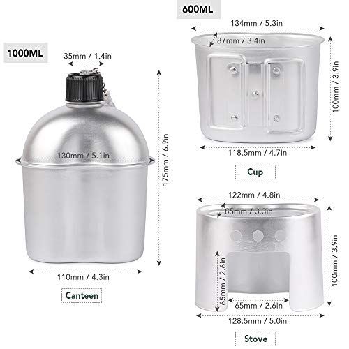 Lixada Cantimplora Militar para Camping de Aluminio Utensilios de Cocina 3pcs con Copa y Estufa para Camping Senderismo Mochilero