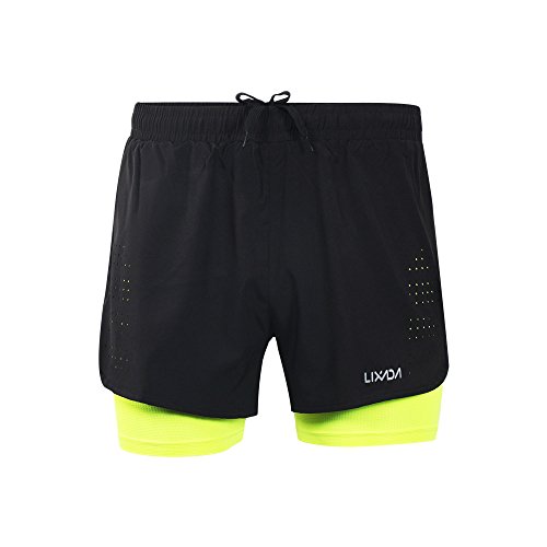 Lixada Pantalones cortos deportivos 2 en 1 para hombre de secado rápido [Transpirables] para correr, fitness, tenis, gimnasio, entrenamiento, jogging, ciclismo con forro más largo Grande Negro + verde