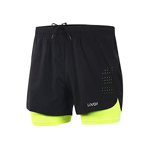 Lixada Pantalones cortos deportivos 2 en 1 para hombre de secado rápido [Transpirables] para correr, fitness, tenis, gimnasio, entrenamiento, jogging, ciclismo con forro más largo Grande Negro + verde