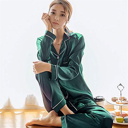 LLAN Otoño Mujer Dormir imitación de satén de Seda Pijamas Set de Manga Larga Dormir Pijamas Traje Femenino Homewear (Color : Green, Size : M)