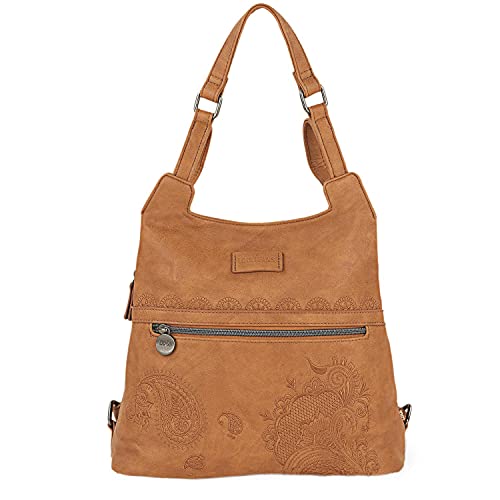 Lois - Bolso Mochila Mujer Casual Antirrobo Pequeña con Estampado Bordado. Bolso Piel PU Impermeable y Bordada. Cómoda y Ligera. De Marca LOIS Elegante, Moderna y Funcional 302677, Color Camel