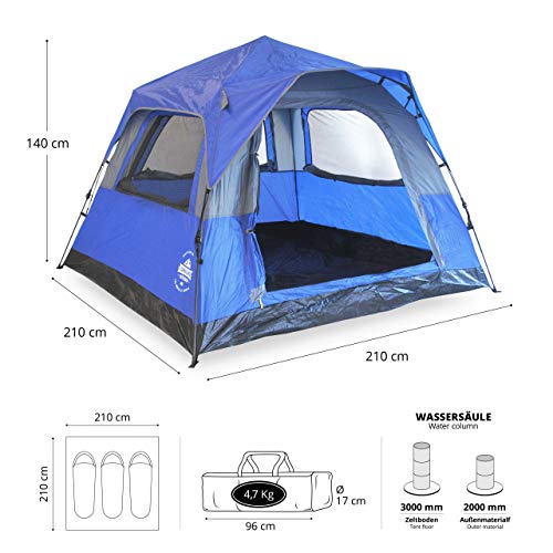 Lumaland Outdoor Pop Up Confort Tienda de campaña para 3 Personas Camping Festival 210 x 210 x 140 cm con Bolsa de Transporte - Azul