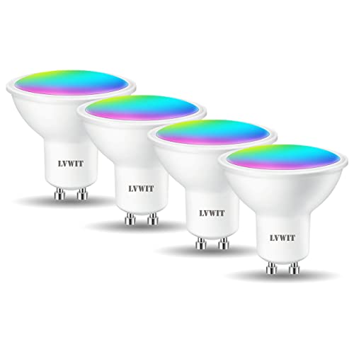 LVWIT Bombillas LED GU10 Inteligente Bluetooth WiFi Regulable 5W 350 Lm, Lámpara Multicolor Bombilla Compatible con Alexa, Google Home Assistant y App Smart Life/Tuya, Equivalente a 32W RGB, 4 Pcs.