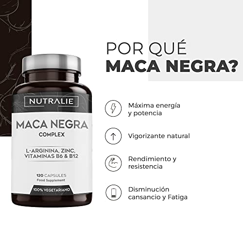 Maca Negra Andina |PREMIO 2021| 24.000mg Altamente Concentrada 20:1 - Máxima Energía y Rendimiento - Potencia Vigor y Libido - Maca Peruana Pura con L-Arginina para Hombres |120 Cápsulas Nutralie