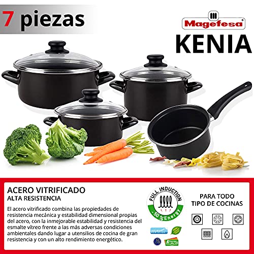 Magefesa Bateria de cocina 7 piezas MAGEFESA Kenia de acero vitrificado con juego de sartenes (18/22/26 cm) Professional Chef Copper Plus en aluminio prensado