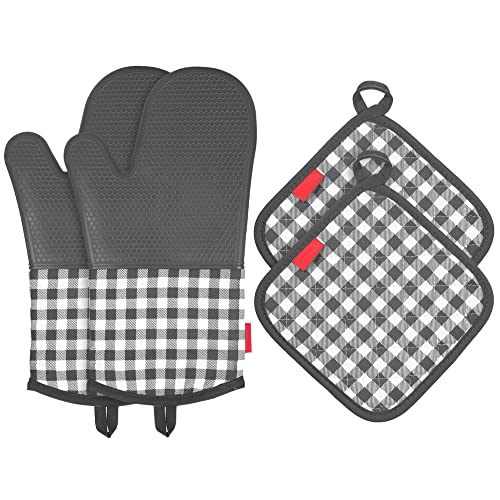 Manoplas Horno Silicona, Guantes Horno Profesional Antideslizante Resistente Calor 300°C / 572°F, Guantes de Cocina, Agarraderas de Cocina de Algodón Suave para Cocinar, Hornear, Asar a Parrilla