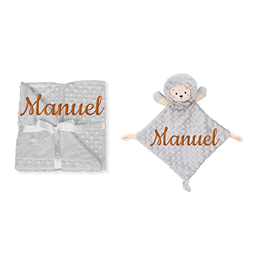 Manta de Bebe Personalizado con su Nombre Bordado, Manta de copito (Manta + DouDou) (Manta Modelo Erizo)