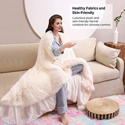 Manta, Manta Pelo Largo Mullida Súper Suaves y Cálidas, Manta Peluche PV y Franela de Doble Cara, Manta para Sofa, Cama, 130x160cm, Blanco Crema