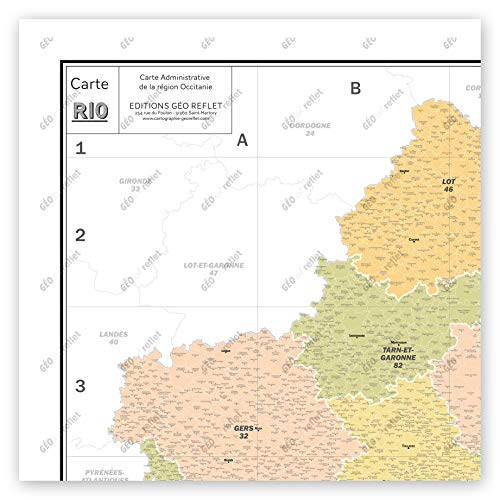 Mapa de Francia Murale – Mapa administrativo – Región Occitania – Modelo Vintage – Póster plastificado – Gran formato 120 x 120 cm