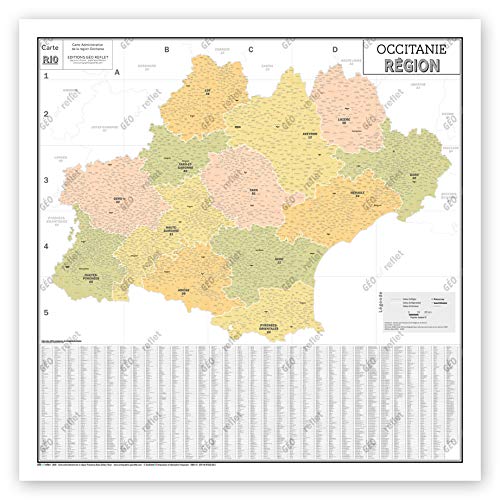 Mapa de Francia Murale – Mapa administrativo – Región Occitania – Modelo Vintage – Póster plastificado – Gran formato 120 x 120 cm