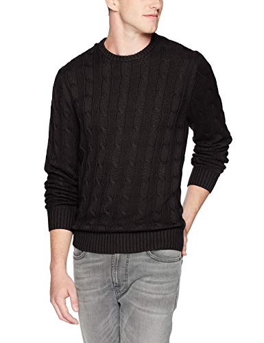 Marca Amazon - Goodthreads - Jersey de algodón suave de punto trenzado con cuello redondo para hombre, Negro (solid black), Large