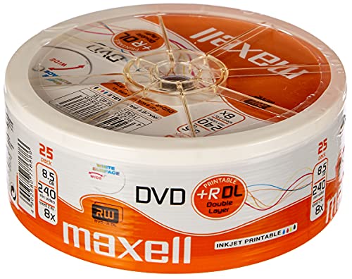 Maxell 276078 - DVD+R (8,5 GB DL, Doble Capa, 8 velocidades, 8,5 GB, 25 Unidades, imprimible)