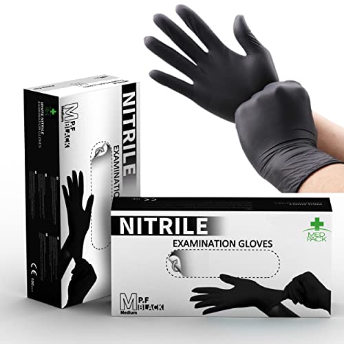 MED PACK Guantes Nitrilo desechables, negros, sin látex, ajustables y elásticos, ideales para uso alimentario, estetista, sin polvo ni talco (200, S)