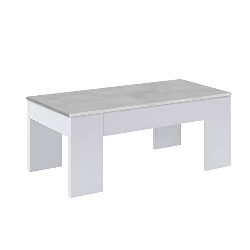 Mesa de Centro Elevable, Mesita de Salón o Comedor, Modelo LC, Acabado en Color Blanco Artik y Cemento, Medidas: 100 cm (Ancho) x 50 cm (Fondo) x 45-56 cm (Alto)