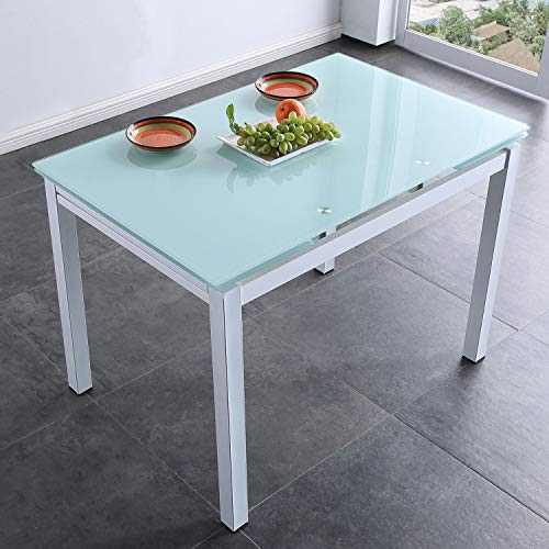 Milan, Mesa de Cristal Extensible para Comedor, Salón o Cocina, Acabado en Cristal Ahumado Blanco, Medidas: 110-170 cm (Largo) x 70 cm (Fondo) x 75 cm (Alto)