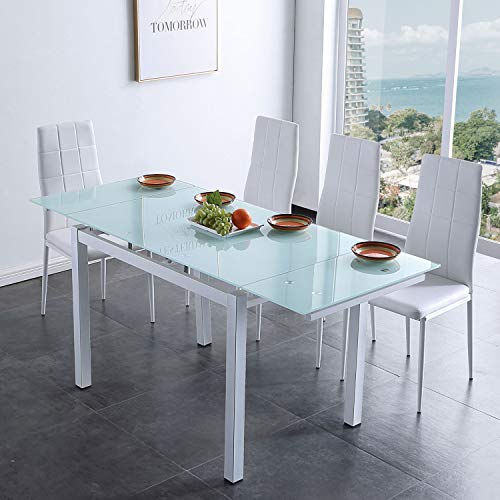 Milan, Mesa de Cristal Extensible para Comedor, Salón o Cocina, Acabado en Cristal Ahumado Blanco, Medidas: 110-170 cm (Largo) x 70 cm (Fondo) x 75 cm (Alto)