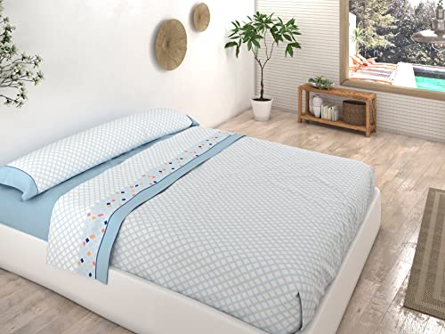 Milarosa Juego de Sabanas 3 Piezas Estampadas. Poliester Algodon. Juego Sabanas Encimera, Bajera Ajustable y Funda Almohada. Diseño Calidad. Color Hela Azul. Cama 135 cm