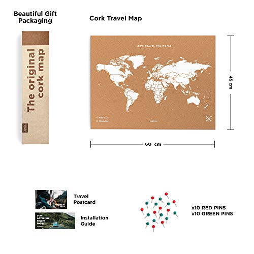 Miss Wood Map L, Mapa del Mundo de Corcho, 45 x 60 cm, Natural/ Blanco