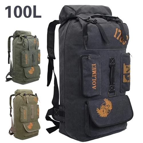 Mochila de senderismo de 100 l, lona al aire libre, bolsa de montañismo, para hombre, táctica de viaje, caza, pesca, equipo de camping (negro)