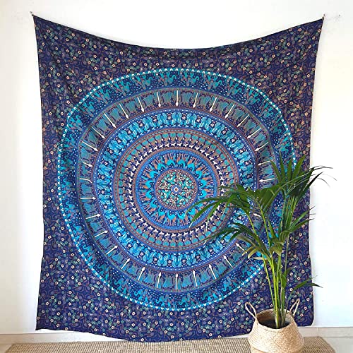 MOMOMUS Tapiz Mandala Indio - 100% Algodón, Grande, Multiuso - Pareo/Toalla de Playa Gigante - Manta de Picnic Ligera o Alfombra Antiarena XXL - Azul C, 210x230 cm