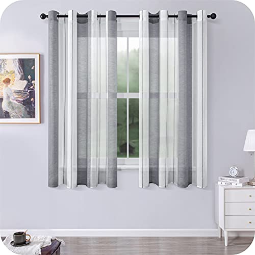 MRTREES 2 Piezas Cortinas Visillos Translúcidos Rayas de Dormitorio Moderno 140×145cm con Ojales para Ventanas Habitación Niño Salon Cocina Comedor Baño Gris+Blanca