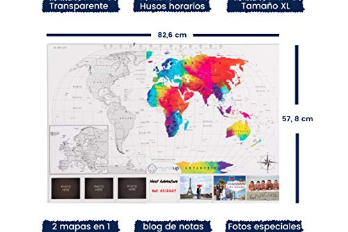 MU MUNDIUP Póster Mapa Mundi Rascar, Set 2 en 1 de Europa y del Mundo, Color Plata y Transparente, gran tamaño 82.6x57.8 cm, Regalo Original para Viajeros con bloc notas y fotos