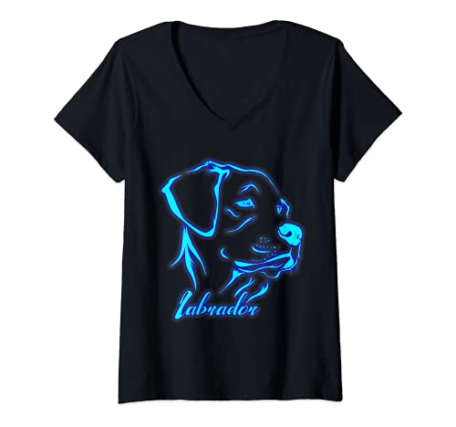 Mujer Cabeza de Perro Labrador Azul Vista Lateral Camiseta Cuello V