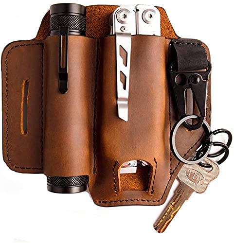 Multitool Sheath for Belt, Leather Sheath for Men, Leather EDC Pocket Organizer with Pen Holder, Key Fob, Flashlight Sheath, EDC Leather Pouch