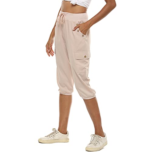 MUYOGRT Pantalones pirata para mujer, pantalones de deporte 3/4, pantalones de verano, pantalones de sudadera, elegantes, monocolor, holgados, elásticos, con cordón, albaricoque, XXL