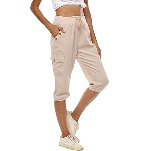 MUYOGRT Pantalones pirata para mujer, pantalones de deporte 3/4, pantalones de verano, pantalones de sudadera, elegantes, monocolor, holgados, elásticos, con cordón, albaricoque, XXL