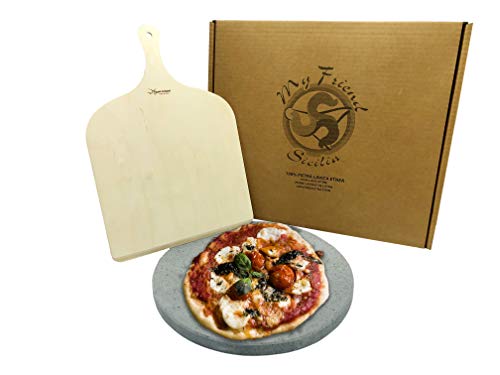 MY FRIEND SICILIA - Juego de piedra volcánica etnea para pizza + pala para pizza – Redonda Diámetro 35 cm – Cocción sana y natural (piedra volcánica + pala)