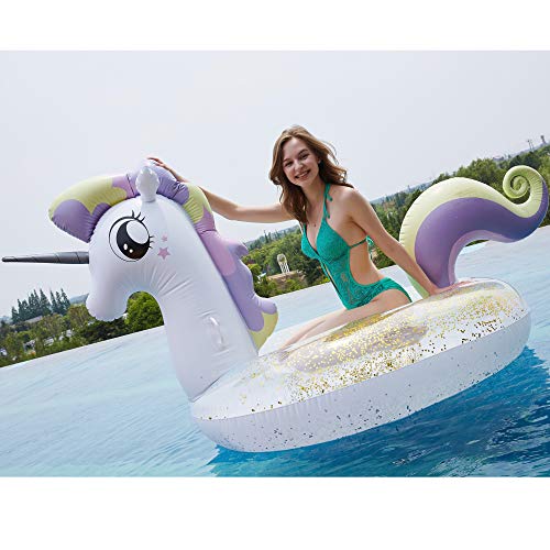 Myir Flotador Inflable del Unicornio Transparente, Gigante Colchoneta Hinchable con Lentejuelas para Piscina Hinchables Juguete Adultos Niños Agua Fiesta Natación (Unicornio Transparente)