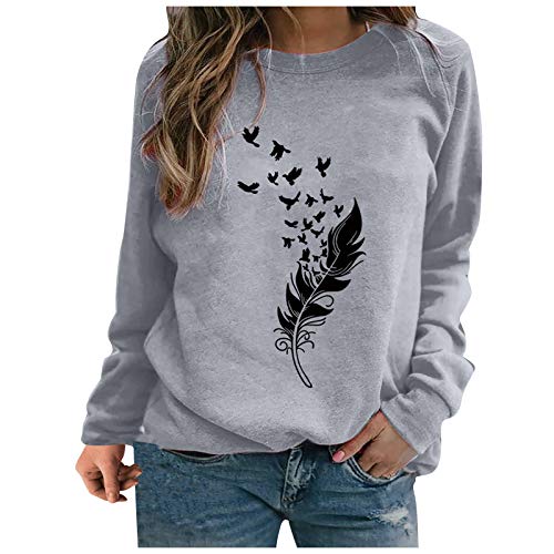 N-B Sudaderas Mujer sin Capucha Jersey de Manga Larga Primavera Llanura Casual Cuello Redondo Dibujos de Pluma Camisa Básica Piernas Significativamente Largas Diseño Casa Tops Chandal