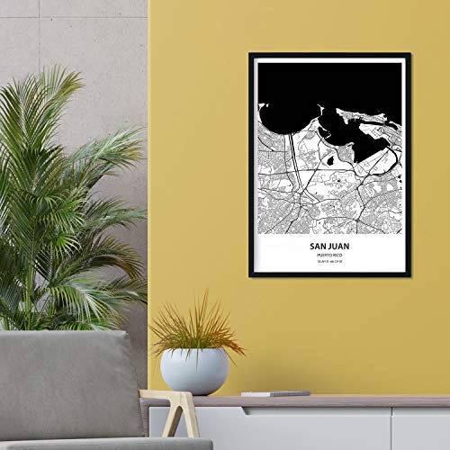 Nacnic Poster con marco con mapa de San Juan - Puerto Rico. Láminas de ciudades de Latinoamérica con mares y ríos en color negro. Tamaño A4 Con marco