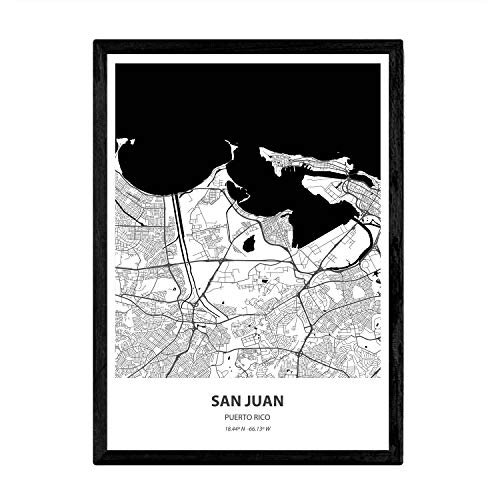 Nacnic Poster con marco con mapa de San Juan - Puerto Rico. Láminas de ciudades de Latinoamérica con mares y ríos en color negro. Tamaño A4 Con marco