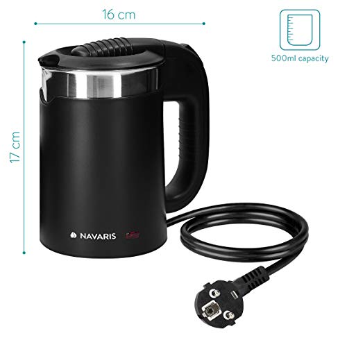 Navaris Hervidor de Agua de Viaje 0.5 L - Mini Tetera para hervir Agua con 2 Tazas - Mini Calentador eléctrico y portátil para Camping o Viaje 1100W