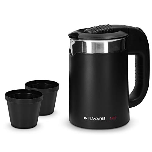 Navaris Hervidor de Agua de Viaje 0.5 L - Mini Tetera para hervir Agua con 2 Tazas - Mini Calentador eléctrico y portátil para Camping o Viaje 1100W