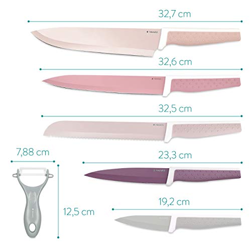 Navaris Set de 6x cuchillos mondador incluido - 5x cuchillos de acero inoxidable y 1x cuchillo pelador de verduras de cerámica - en diversos colores