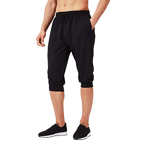 NAVISKIN 3/4 Pantalones Capri de Fitness para Hombre Pirata Pants Atléticos Deportivos Correr Térmicos Chándal Deporte Yoga Running Entrenamiento Bolsillos con Cierre (Negro, M)