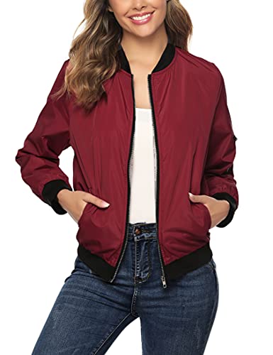 NB Chaqueta Bomber con Cremallera para Mujer,Cazadora Bomber Chaqueta Oversize Uniforme de Béisbol Casual Cazadora Invierno.Vino Tinto,XL