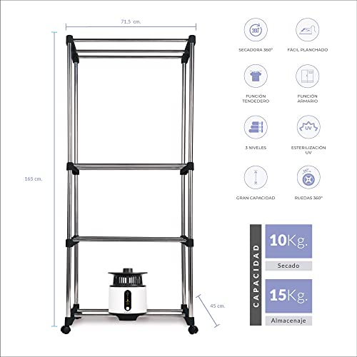 NEWLUX - Secadora de Ropa Eléctrica Portátil Secadry Negra con Luz UV para Desinfectar. Capacidad 15Kg, Temp. 180min, 3 Niveles. Secadora por Ventilación (1200W) 3 en 1: Secadora, Armario, Tendedero