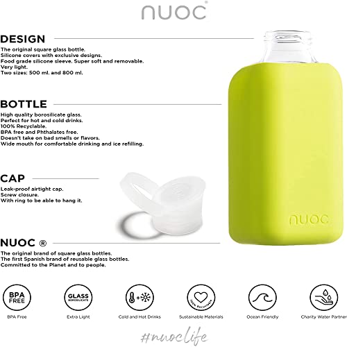 NUOC | Botella de agua cristal | 800 ml | Verde Lima | Botella de Agua Reutilizable | Botella de Cristal | Funda de Silicona | Bebidas Frías y Calientes | sin BPA | Ecológica | Deporte, Oficina, Yoga