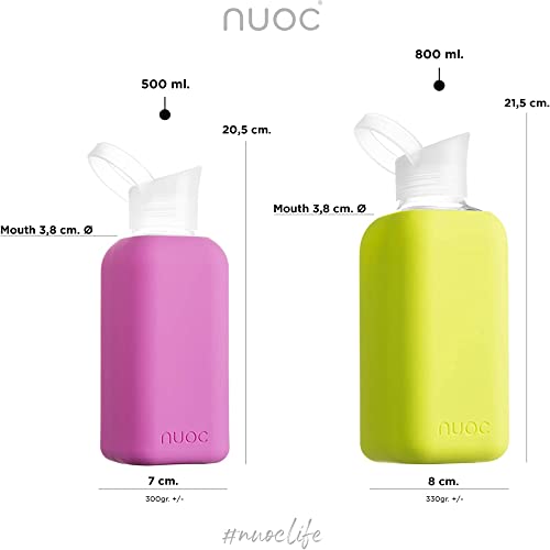 NUOC | Botella de agua cristal | 800 ml | Verde Lima | Botella de Agua Reutilizable | Botella de Cristal | Funda de Silicona | Bebidas Frías y Calientes | sin BPA | Ecológica | Deporte, Oficina, Yoga