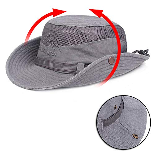 Obling Sombrero de Sol de algodón, protección UV, Sombrero de Verano Sombrero de Playa, Sombrero de Safari Sombrero de Pesca Plegable con Malla Transpirable y Correa Ajustable (Gris)