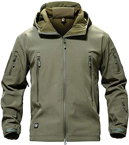 OLOEY Men's Tactical Softshell Fleece Jacket Camouflage Military Hoodie Autumn Winter Outdoor Fleece Jacket Waterproof Windproof Warm Hooded Hiking Ski Jacket Hunting Coat (Green,S)