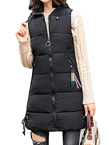 ORANDESIGNE Chaleco de Plumón para Mujer Suave Cálida Chaleco Largo sin Mangas Chaquetas con Capucha Abrigos Acolchados de Algodón Chaleco G Negro L