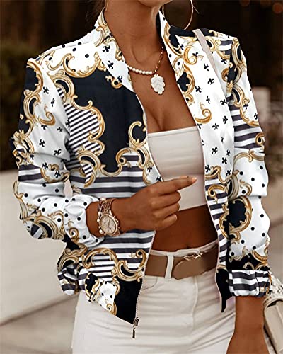 ORANDESIGNE Chaqueta de Bombardero de Mujer Chaqueta Floral con Cremallera Streetwear Otoño Slim Fit Abrigo Corto de Mangas Largas Chaqueta de Transición G Blanco M