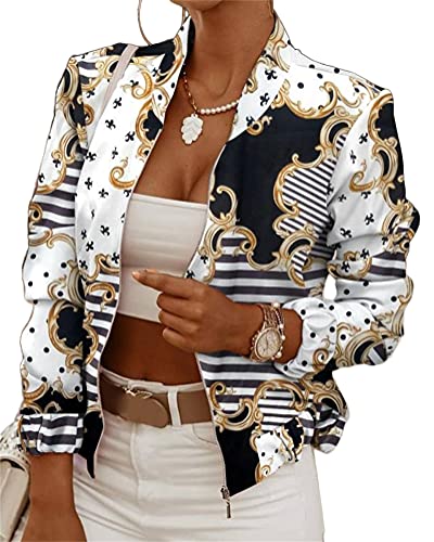 ORANDESIGNE Chaqueta de Bombardero de Mujer Chaqueta Floral con Cremallera Streetwear Otoño Slim Fit Abrigo Corto de Mangas Largas Chaqueta de Transición G Blanco M