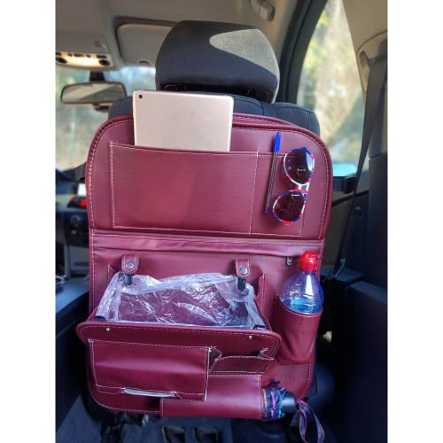 Organizador Coche con Bandeja Mesa Plegable de lujo, 5 COLORES, Kick Mats de Coche, Protector de respaldo de coche, Bolsillero Furgoneta Camper, Organizador Asiento Coche Niños, Impermeable (Granate)