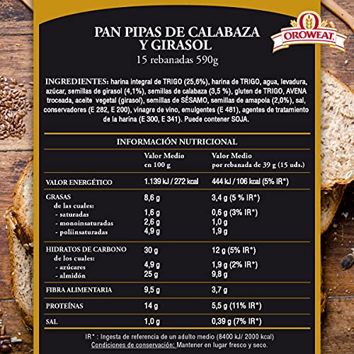 Oroweat - Pan Multicereales con Corteza, Pipas de Girasol , Calabaza y Semillas de Amapola, 590gr, 16 Rebanadas